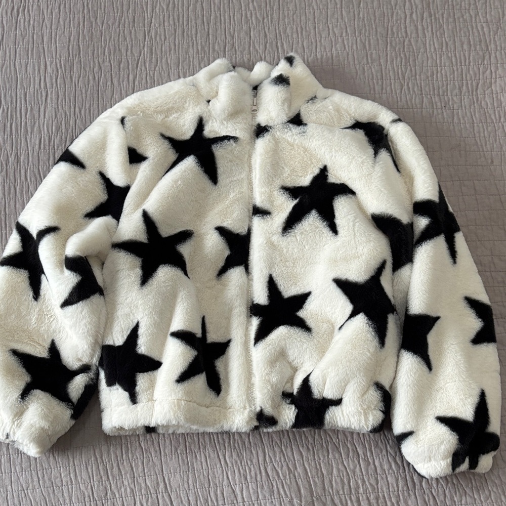 Old Navy Cream Fuzzy Puffer Jacket with Black Star Print